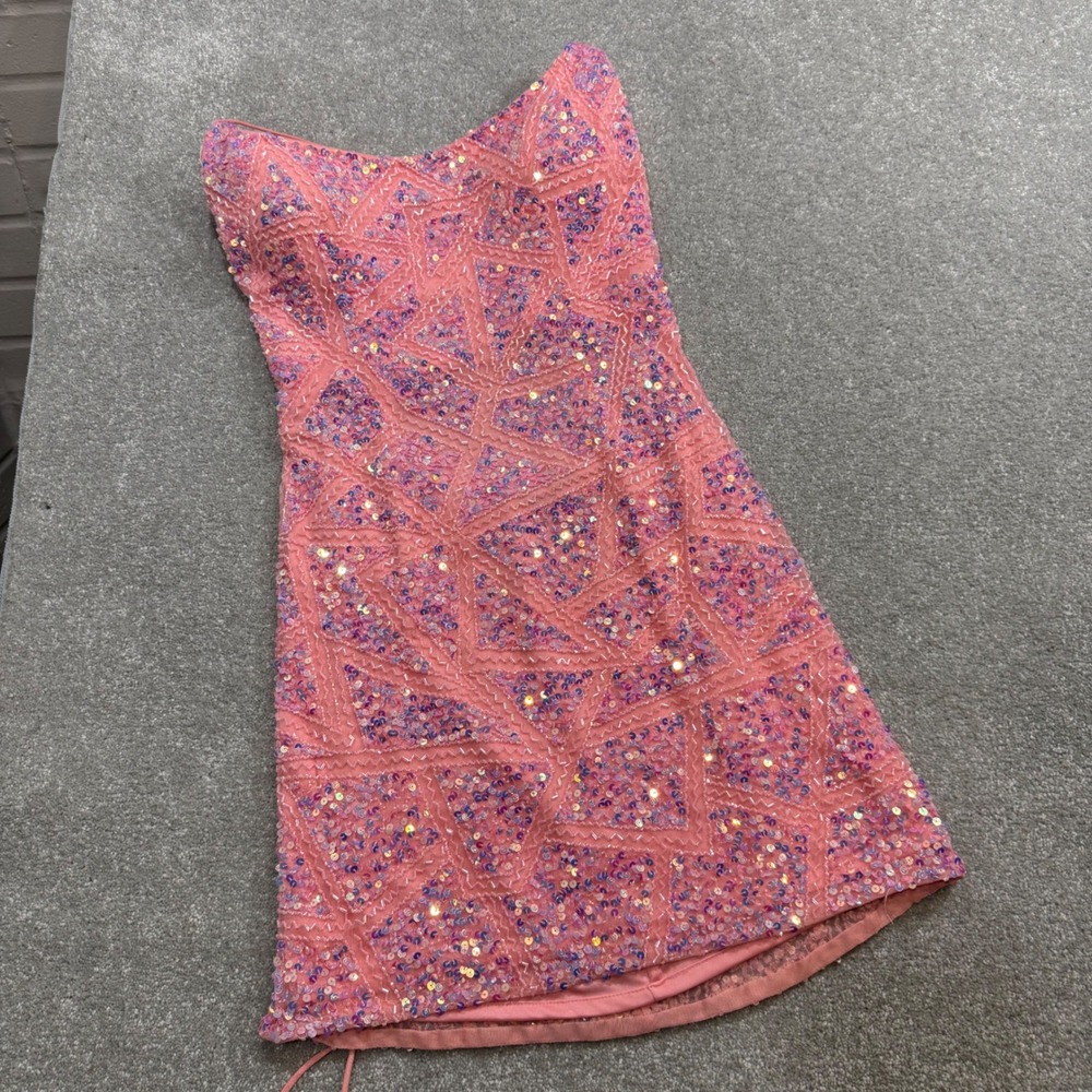 Aleta 777 Sequin Beaded Lace Up Back Mini Dress Bubblegum Pink 10 Prom Cocktail - Picture 5 of 16